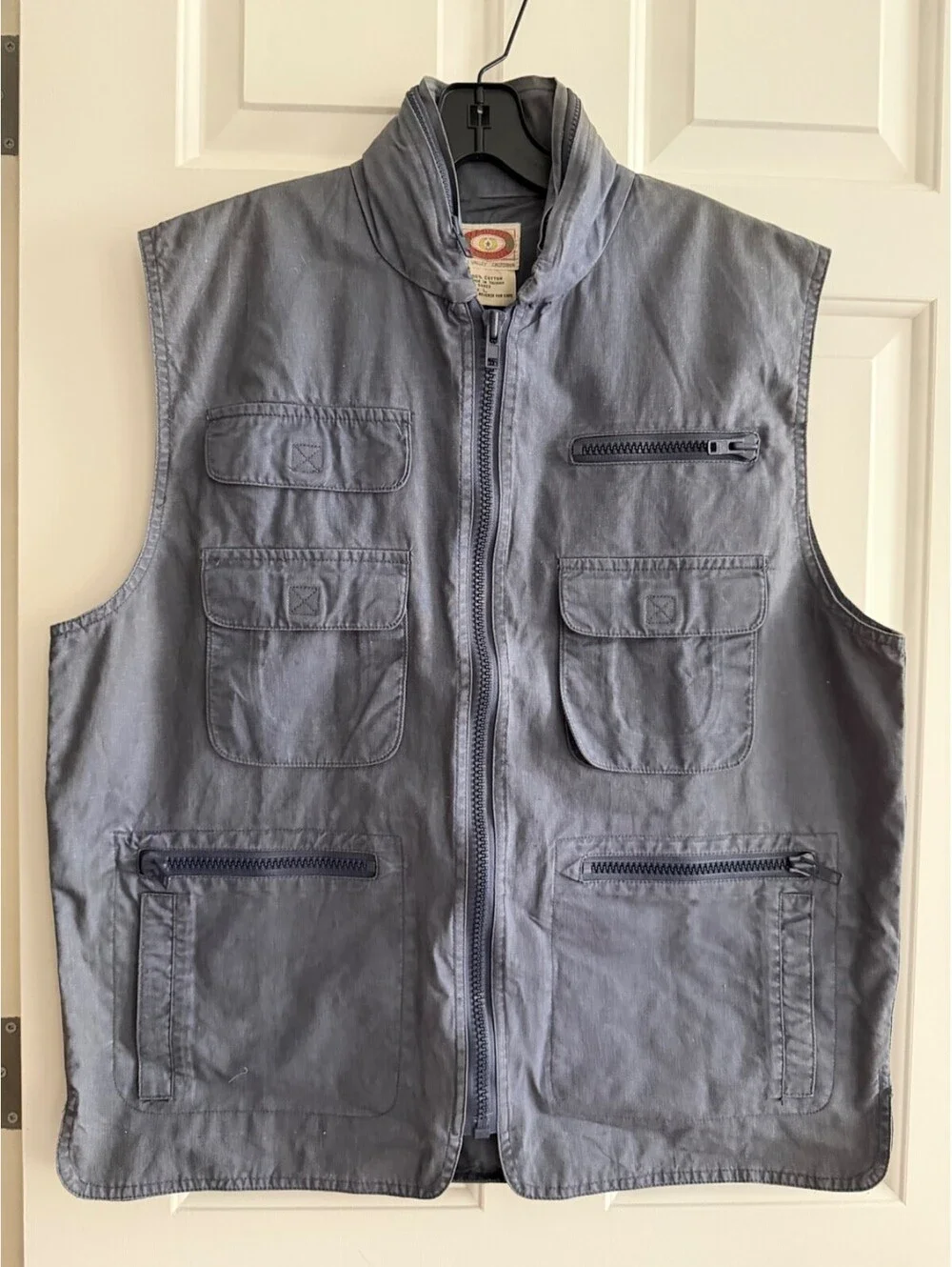 Vintage 80s Banana Republic Safari Bush Vest Hidden Hood Mill Valley Tag L Blue